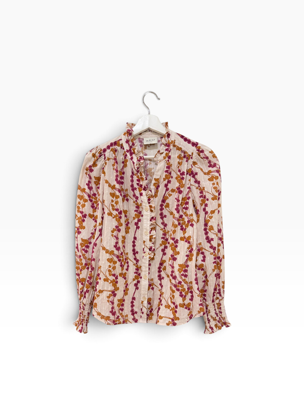 Wrap London Blouse Womens 4 White Floral 100% Cotton Ruffle Button Front V Neck
